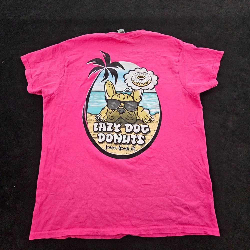 Lazy Dog Donuts Jensen Beach FL Pink Short Sleeve Cotton T-Shirt Women's M